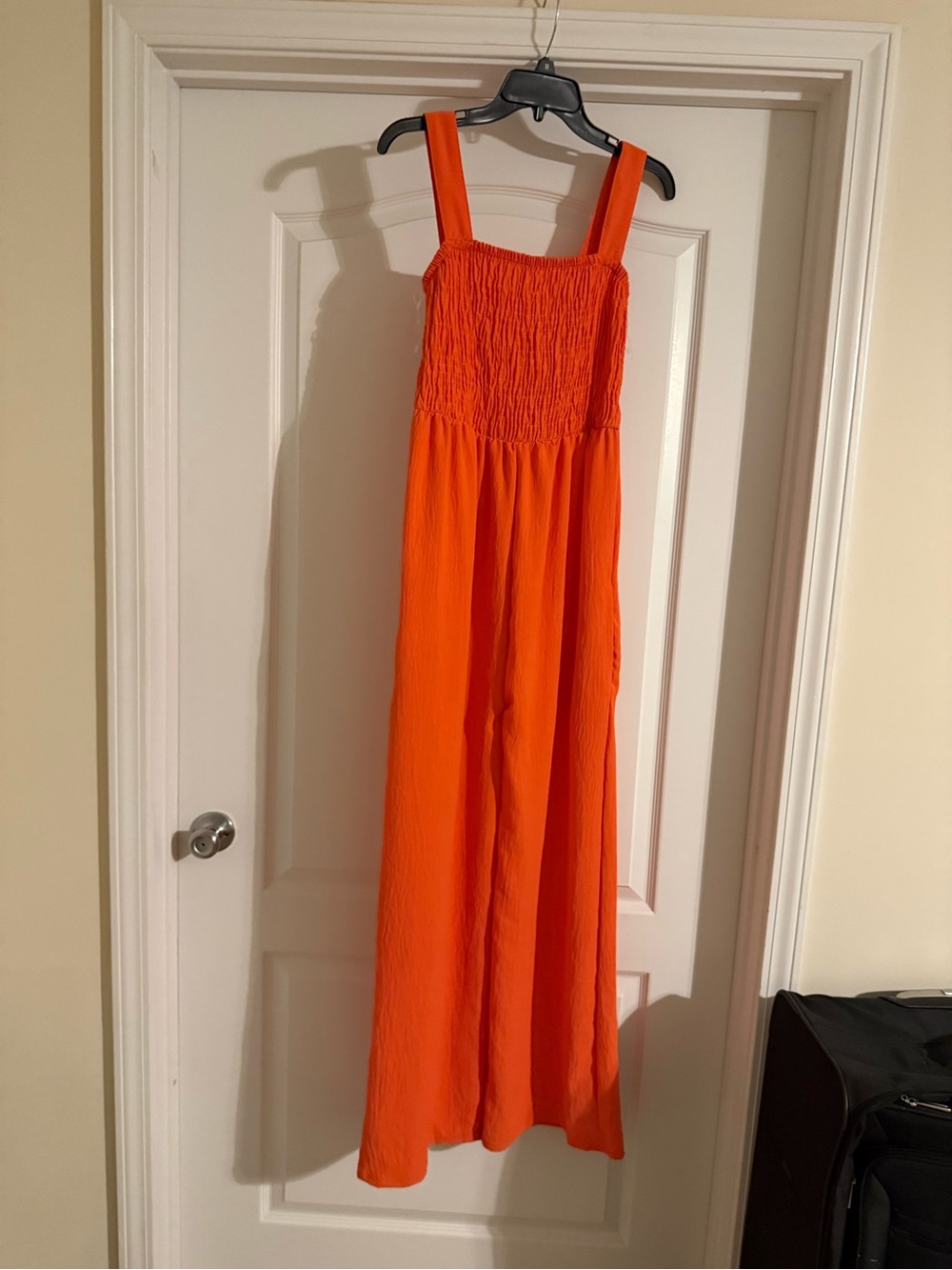 NYC Bright Orange Smocked Wide-Strap Jumpsuit